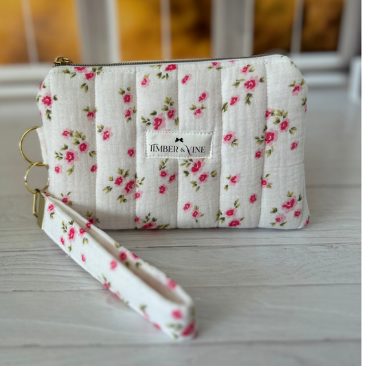 Wristlet Wallet & Keychain Sets - Bright Pink Floral