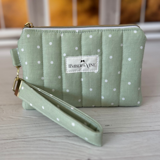 Wristlet Wallet & Keychain Sets - Sage Polka Dots