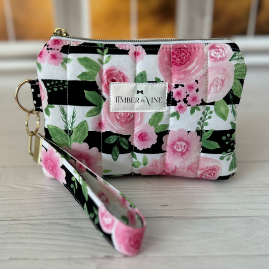 Wristlet Wallet & Keychain Sets - Black & Pink Floral