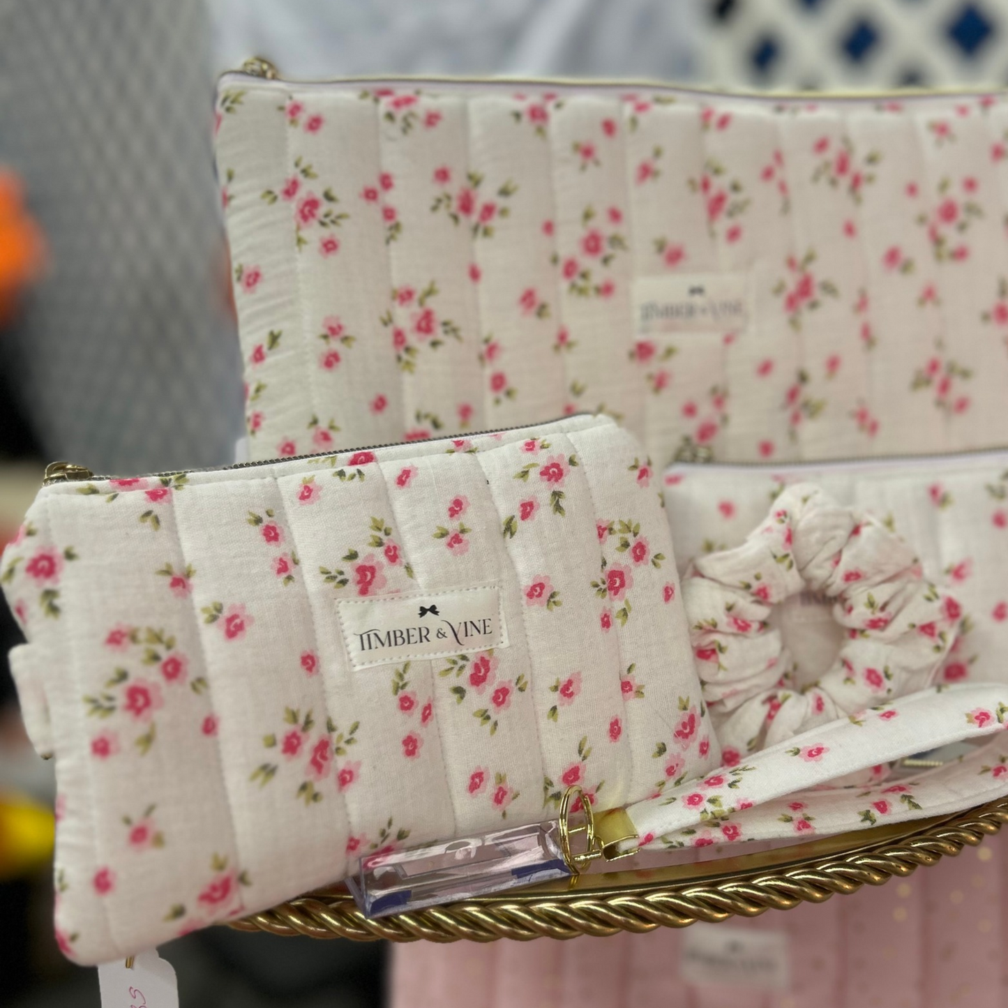 Wristlet Wallet & Keychain Sets - Bright Pink Floral